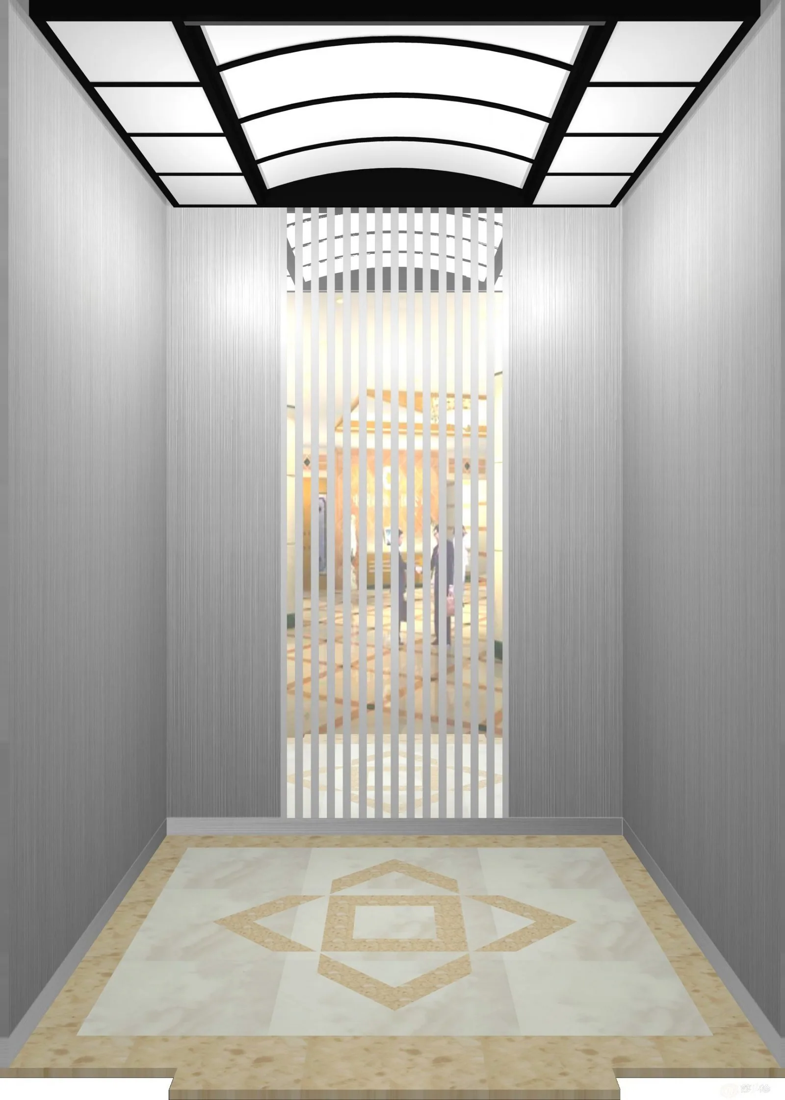 Elevator cabin with brushed metallic film