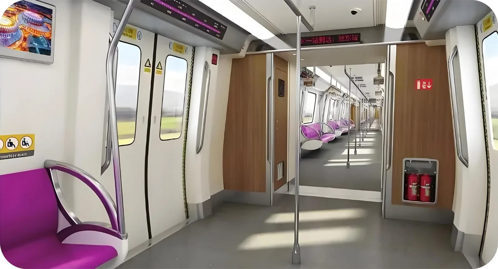 Metro carriage interior finished with wood-grain film