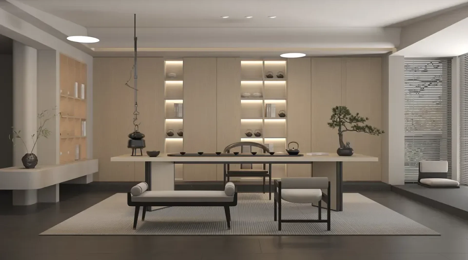 Zen tea-room interior finished with P800DM wood-grain PVC film