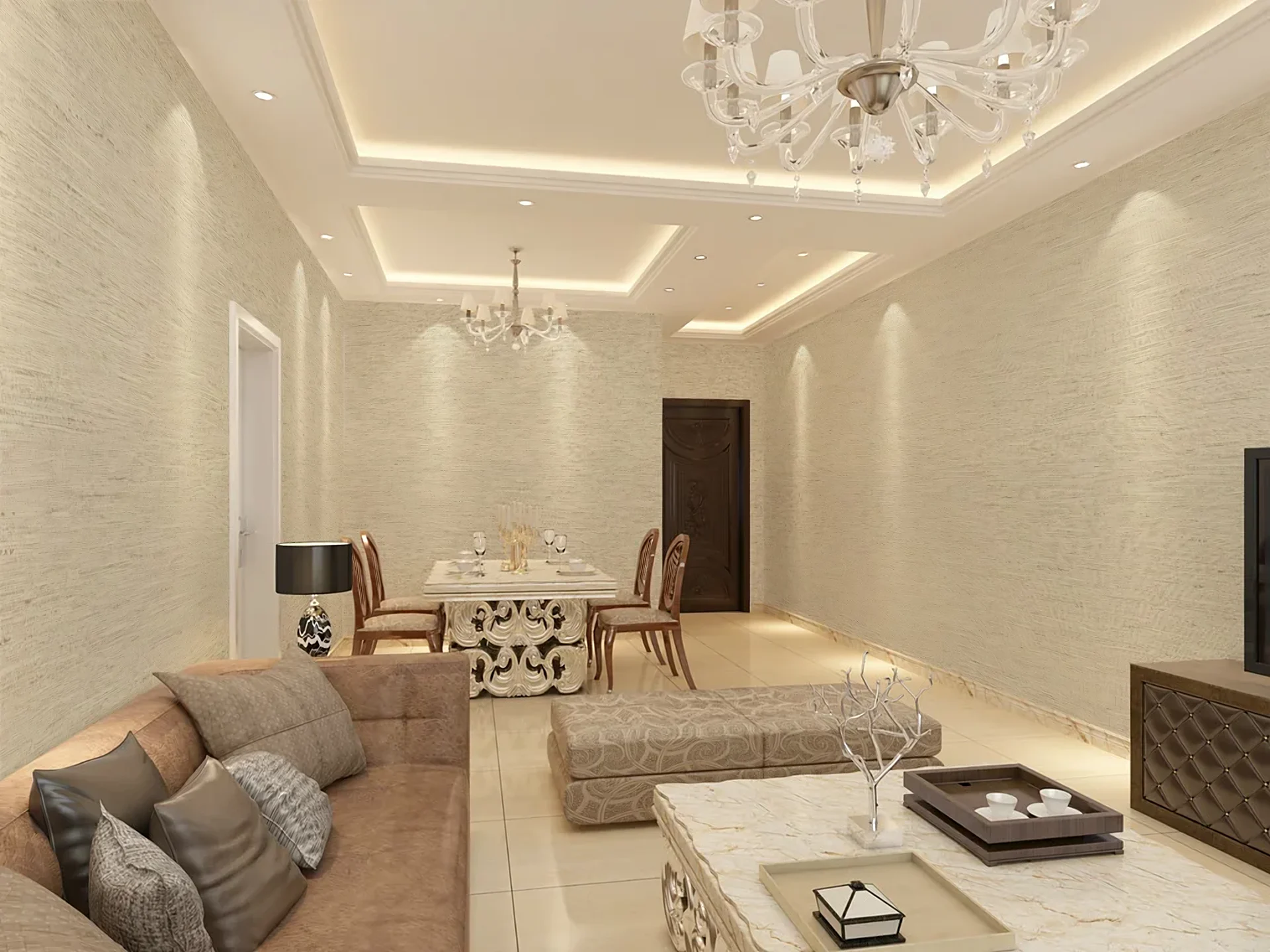 ZSK01 straw-woven wallpaper in a classic living and dining interior