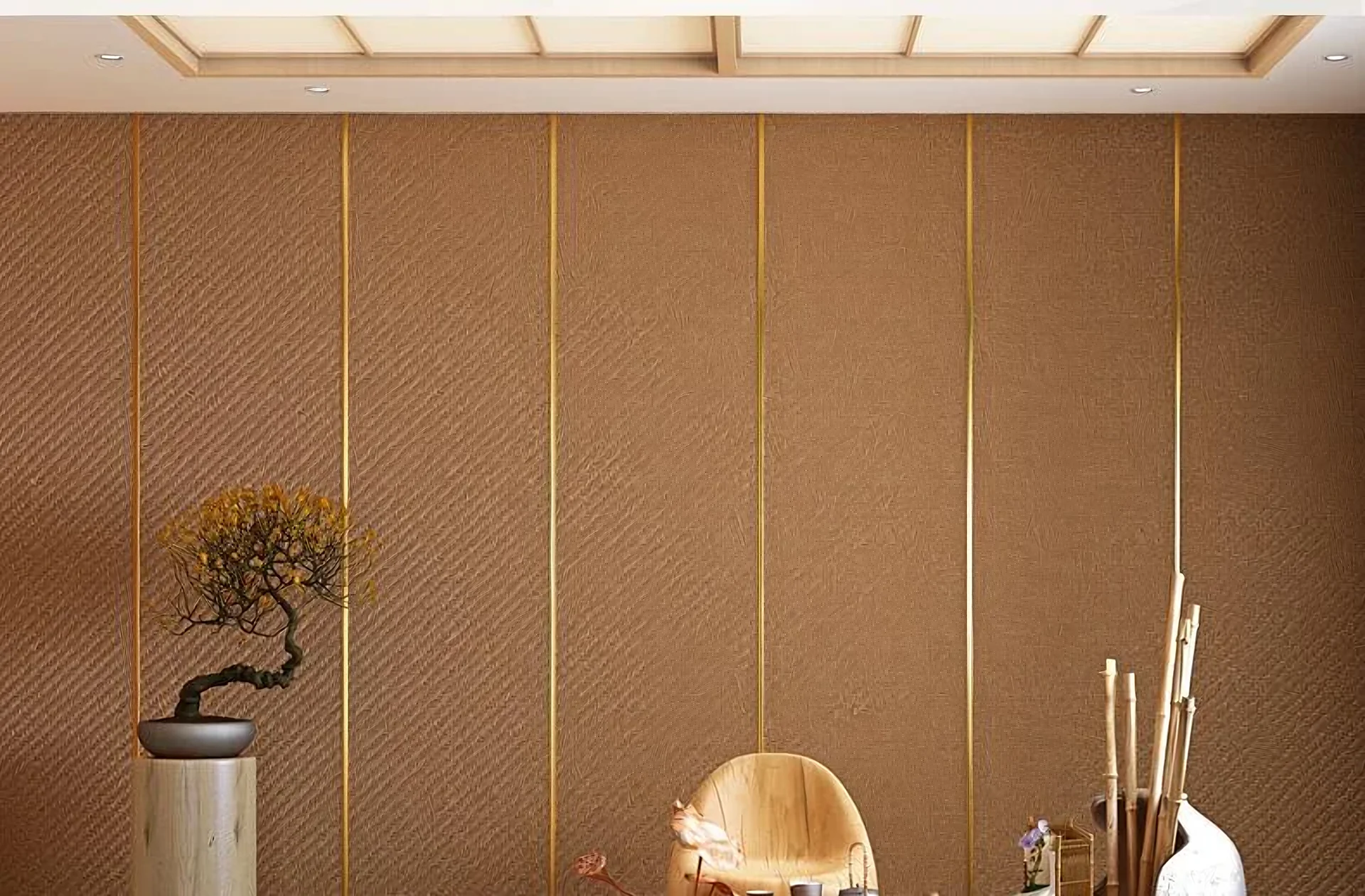 ZSK01 woven wallcovering with brass trim in a zen interior